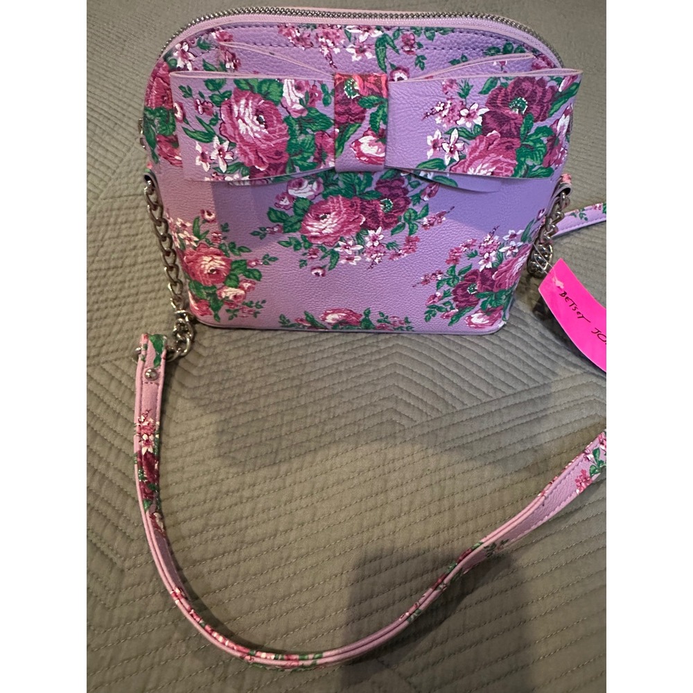 Betsey Johnson Purple Floral Rose Bow Dome Crossbody Bag Silver Hardware NEW